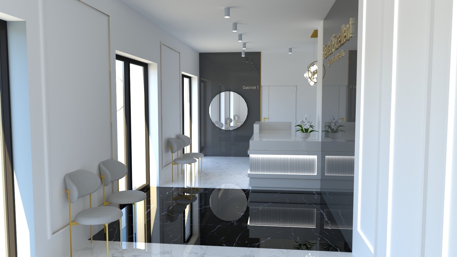 Nowoczesna poczekalnia w gabinecie lekarskim z białymi ścianami, czarnymi akcentami marmuru na podłodze, szarymi krzesłami na złotych nóżkach i recepcją z podświetleniem LED.