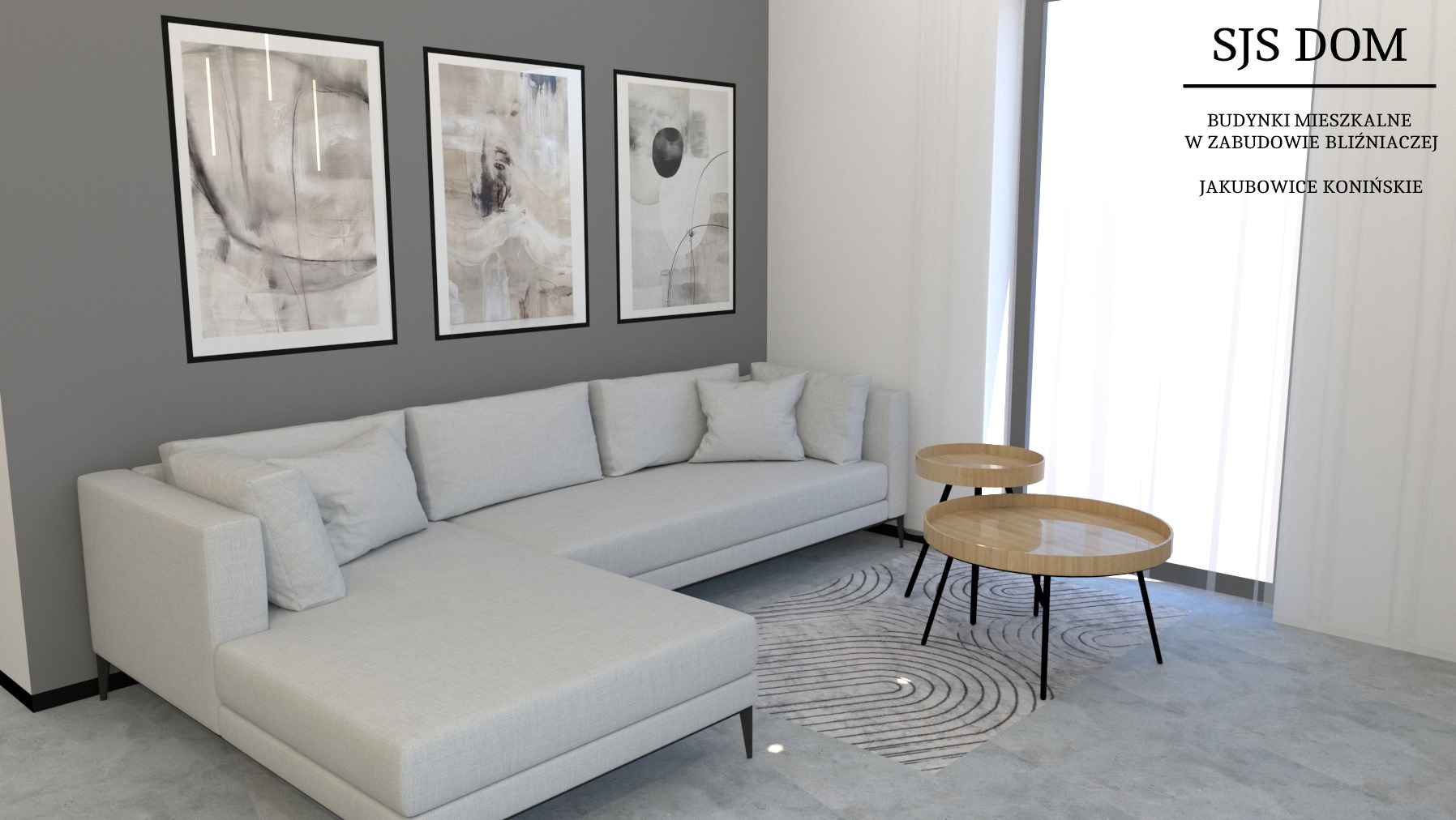 Wizualizacja salonu z narożną sofą w odcieniach szarości, abstrakcyjne obrazy na ścianie i okrągłe stoliki kawowe na wzorzystym dywanie.