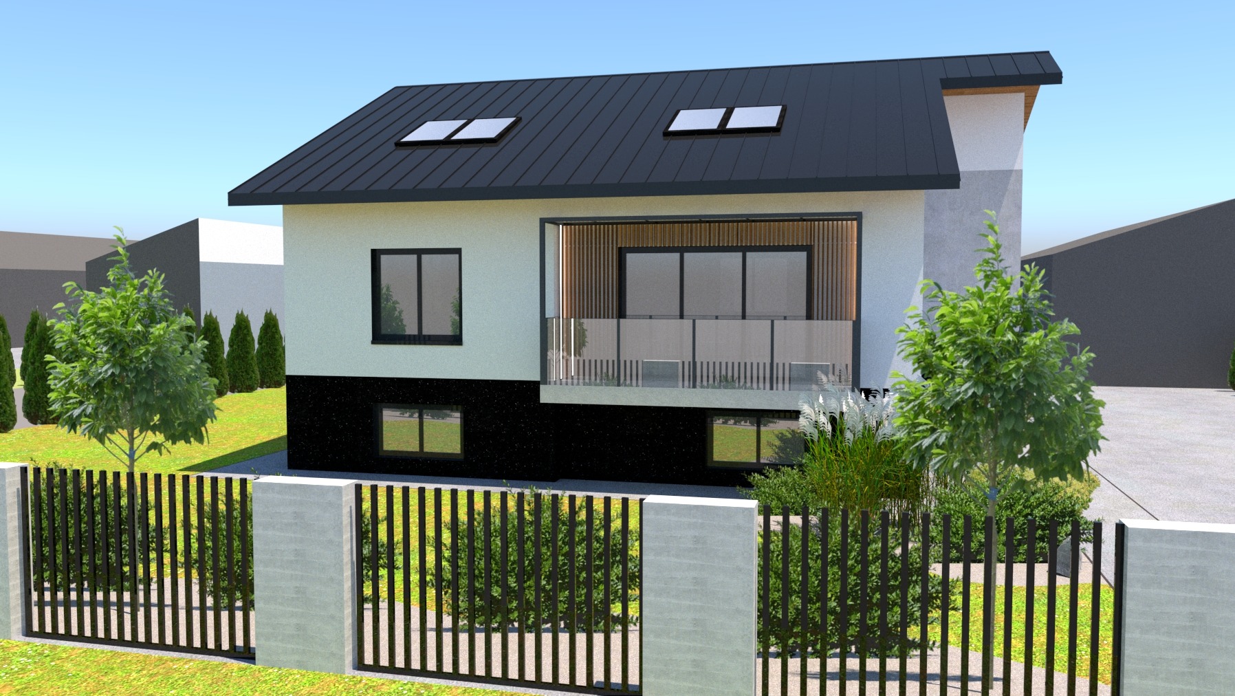 Wizualizacja dwukondygnacyjnego domu z płaskim dachem, czarną elewacją na parterze i jasną na piętrze, balkon z drewnianą przesłoną, czarny metalowy płot z betonowymi słupkami i zielony ogród.