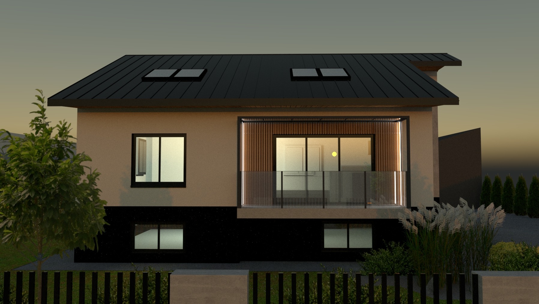 Wizualizacja dwukondygnacyjnego domu z płaskim dachem i balkonem z szklaną balustradą, w ciepłej kolorystyce z czarnymi akcentami, otoczonego zielenią, prezentowana o zmierzchu.
