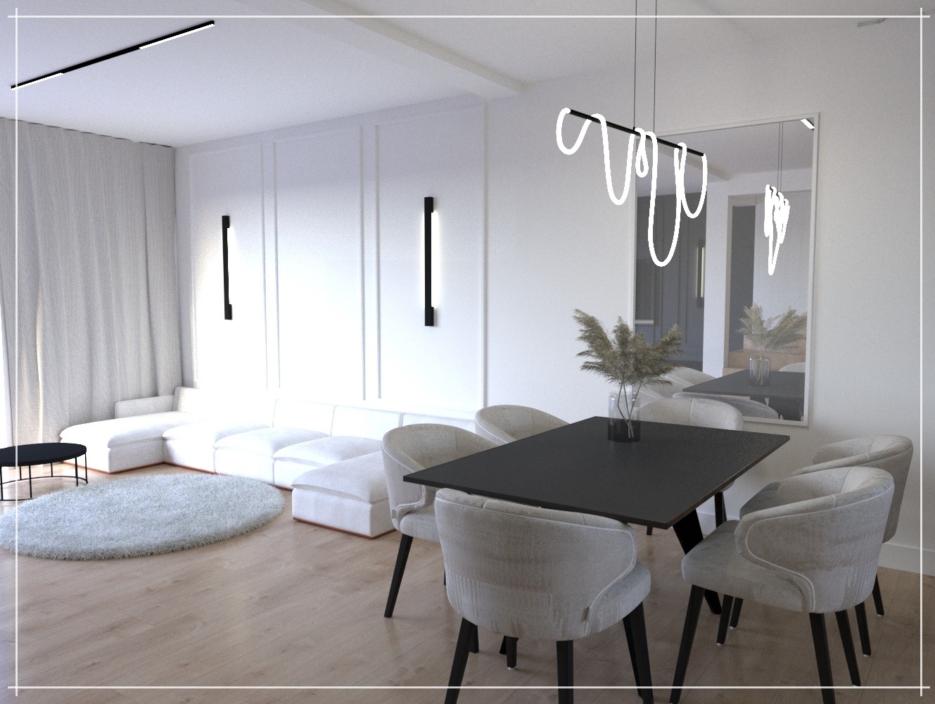 Wizualizacja jasnego wnętrza: biały narożnik modułowy, okrągły puszysty dywan, stół z czarnym blatem i krzesłami w odcieniach szarości, designerska lampa wisząca i duże lustro.