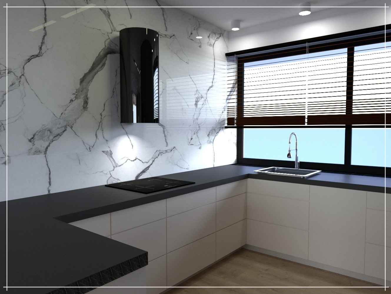 Wizualizacja nowoczesnej kuchni z marmurową ścianą, czarnym okapem cylindrycznym i blatem w kolorze antracytu, minimalistyczne białe szafki i drewniana podłoga.