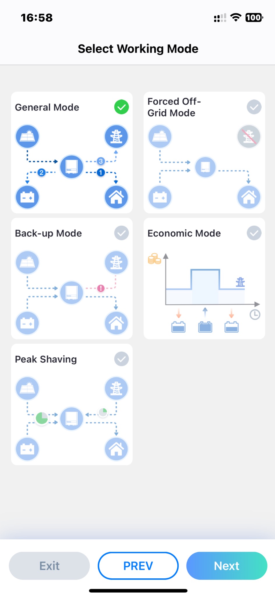 Ekran aplikacji mobilnej prezentujący schematy działania systemu z panelami słonecznymi, baterią i domem w różnych trybach: generalnym, wymuszonym odłączeniu od sieci, zapasowym, ekonomicznym...