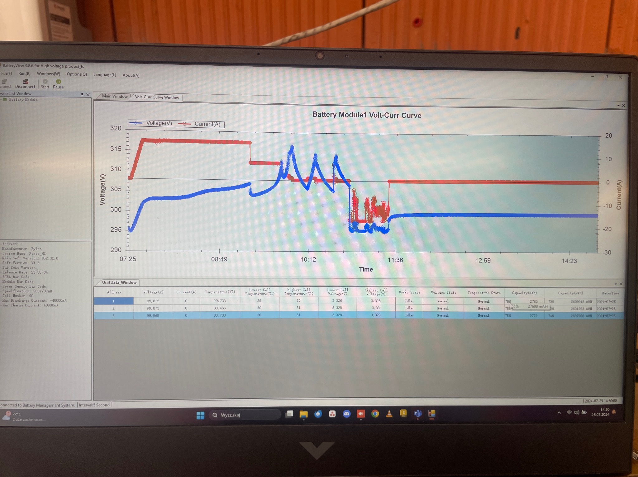 Wykres napięcia i prądu modułu baterii wyświetlany na ekranie laptopa, ukazujący analizę danych z BatteryView 3.8.6, z tabelą danych jednostkowych, temperatur i pojemności ogniw.
