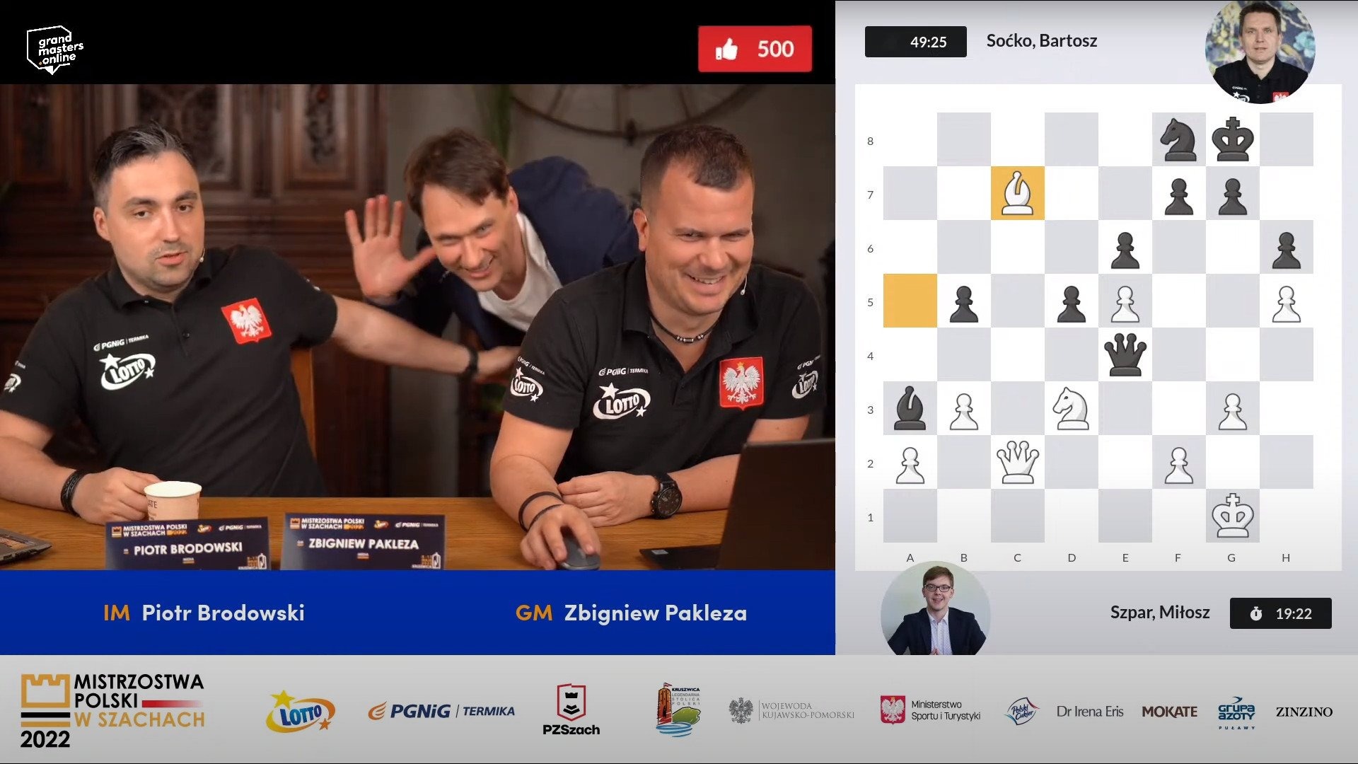 Transmisja online Mistrzostw Polski w Szachach 2022 z udziałem komentatorów Piotra Brodowskiego i Zbigniewa Paklezy, prezentujących aktualną sytuację na szachownicy.