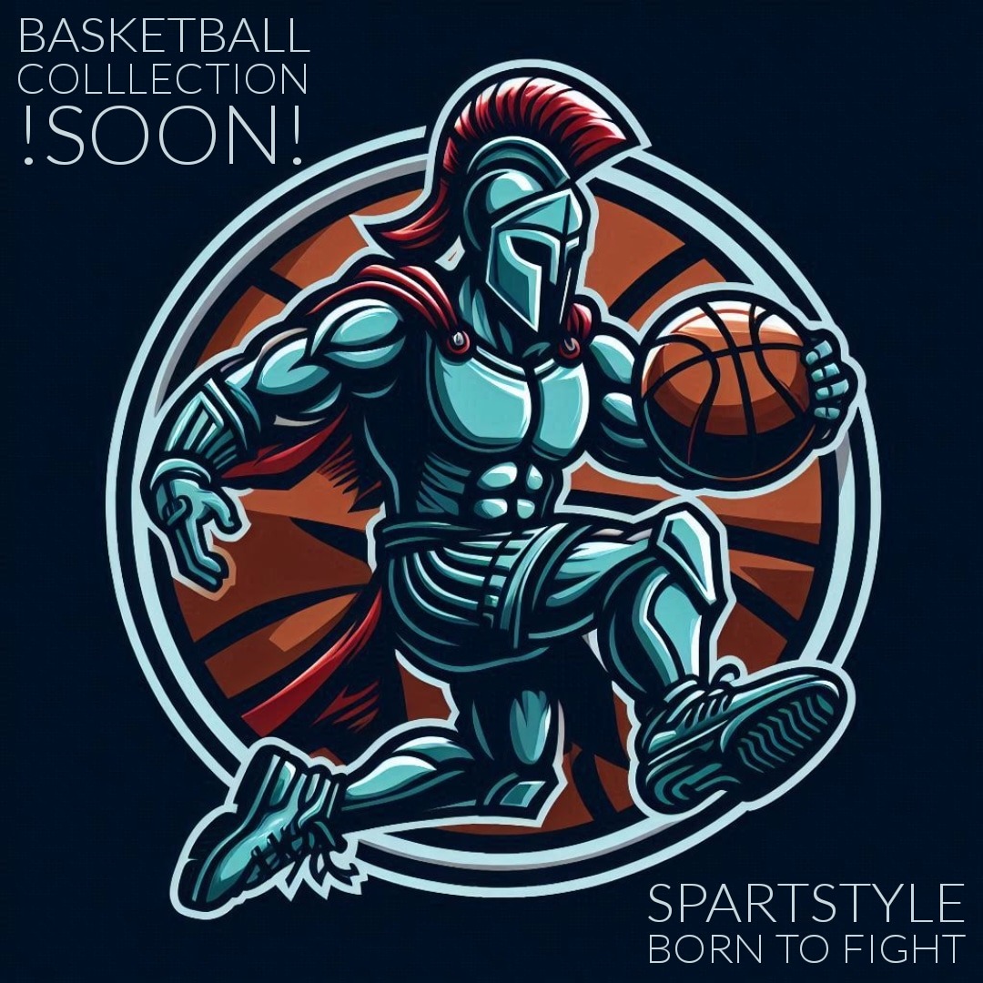 Ilustracja cyfrowa przedstawiająca stylizowanego wojownika w zbroi i hełmie spartańskim, trzymającego piłkę do koszykówki na tle okręgu z motywem koszykarskim, z napisami 'BASKETBALL COLLECTION !