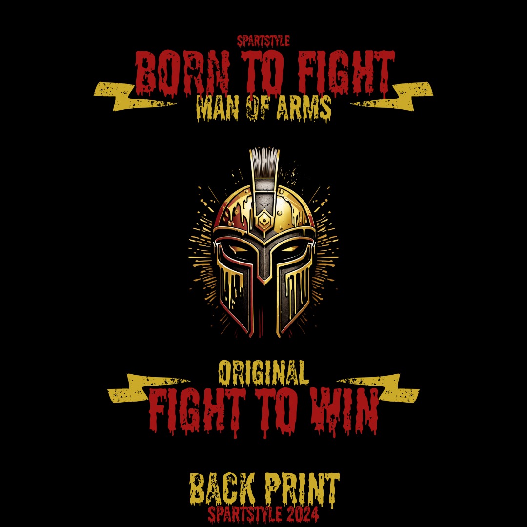 Grafika wektorowa przedstawiająca stylizowany hełm spartański w odcieniach złota i czerwieni na czarnym tle, z hasłami 'Born to Fight', 'Man of Arms', 'Original Fight to Win' i 'Back Print...