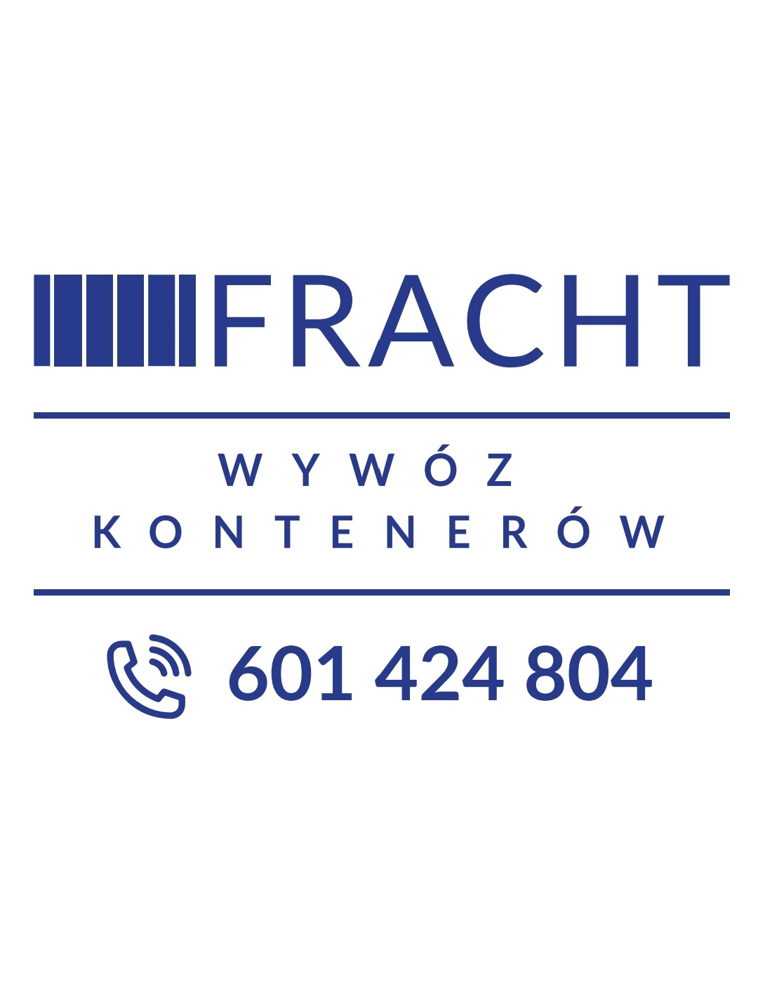 Niebieskie logo firmy FRACHT z napisem 'Wywóz Kontenerów' i numerem telefonu 601 424 804, na białym tle.