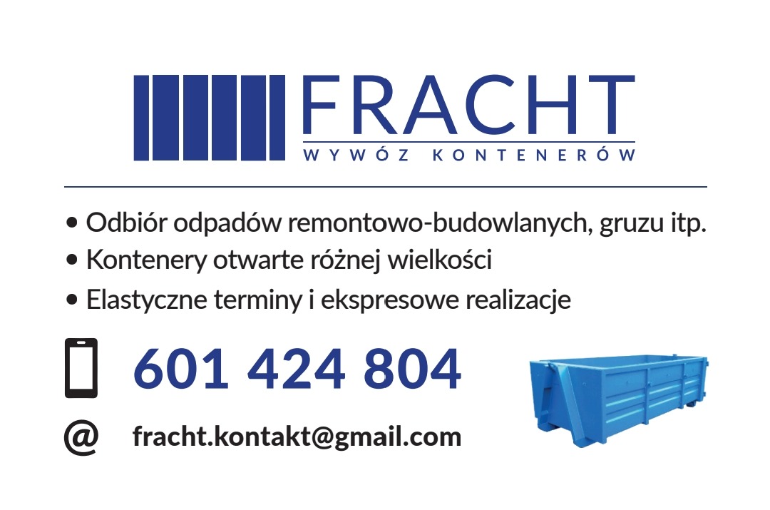 Reklama firmy Fracht oferującej odbiór odpadów remontowo-budowlanych i wywóz kontenerów, z numerem telefonu i adresem e-mail oraz wizualizacją niebieskiego kontenera.