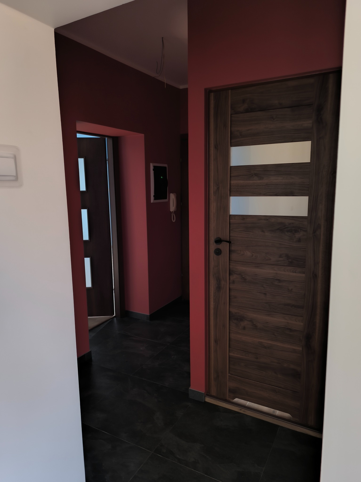 Korytarz po remoncie z ciemną podłogą z płytek i dwiema parami drzwi, z których jedne są drewniane z trzema poziomymi przeszkleniami.