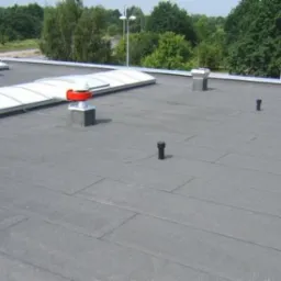 Płaski dach pokryty papą termozgrzewalną z kominkami wentylacyjnymi, świetlikami dachowymi i uszczelnieniami.