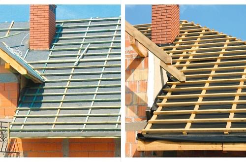 Dwa ujęcia dachu w trakcie budowy: po lewej stronie dach pokryty membraną i łatami, po prawej widoczne krokwie i łaty bez pokrycia, komin z czerwonej cegły wystaje z dachu.