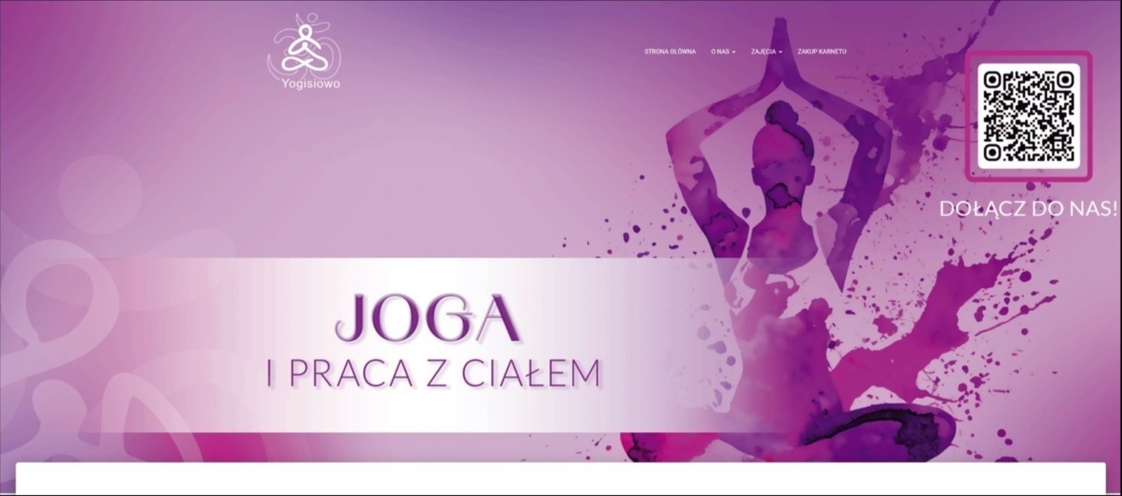 Fioletowa grafika reklamowa z sylwetką osoby w pozycji medytacyjnej, logo Yogisiowo i kodem QR, zachęcająca do dołączenia, oferująca zajęcia w Pilchowicach.