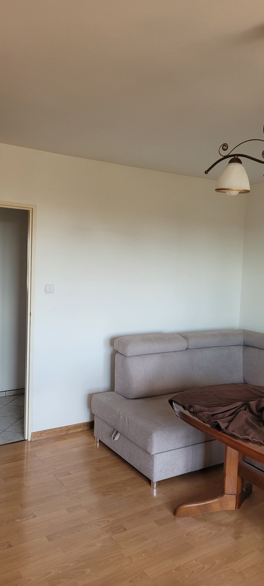 Jasne wnętrze pokoju po odświeżeniu ścian, widoczna gładka powierzchnia, narożna sofa i drewniana podłoga.