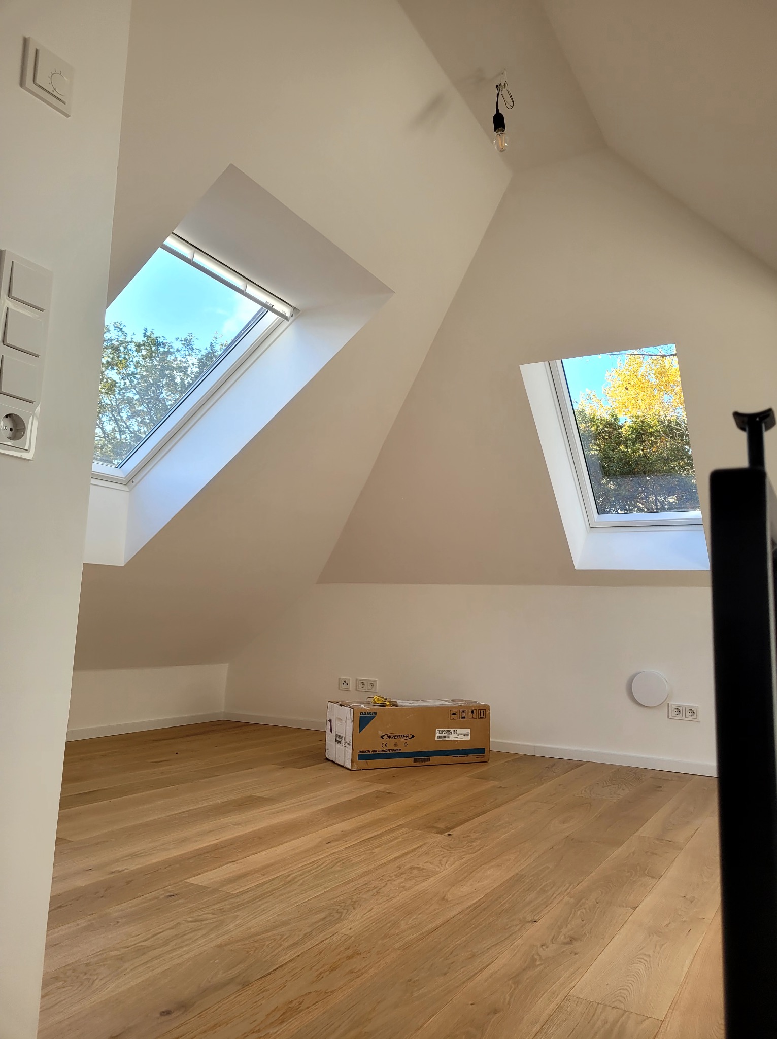 Jasne poddasze z drewnianą podłogą i dwoma oknami dachowymi, świeżo po malowaniu, z widoczną kartonową paczką przy ścianie. Widok na zewnątrz z drzewami.