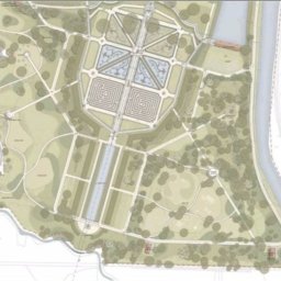 ARTIS DARIUSZ WRÓBLEWSKI - Plan zagospodarowania terenu parku miejskiego z labiryntem, fontannami i alejkami spacerowymi, widok z góry.