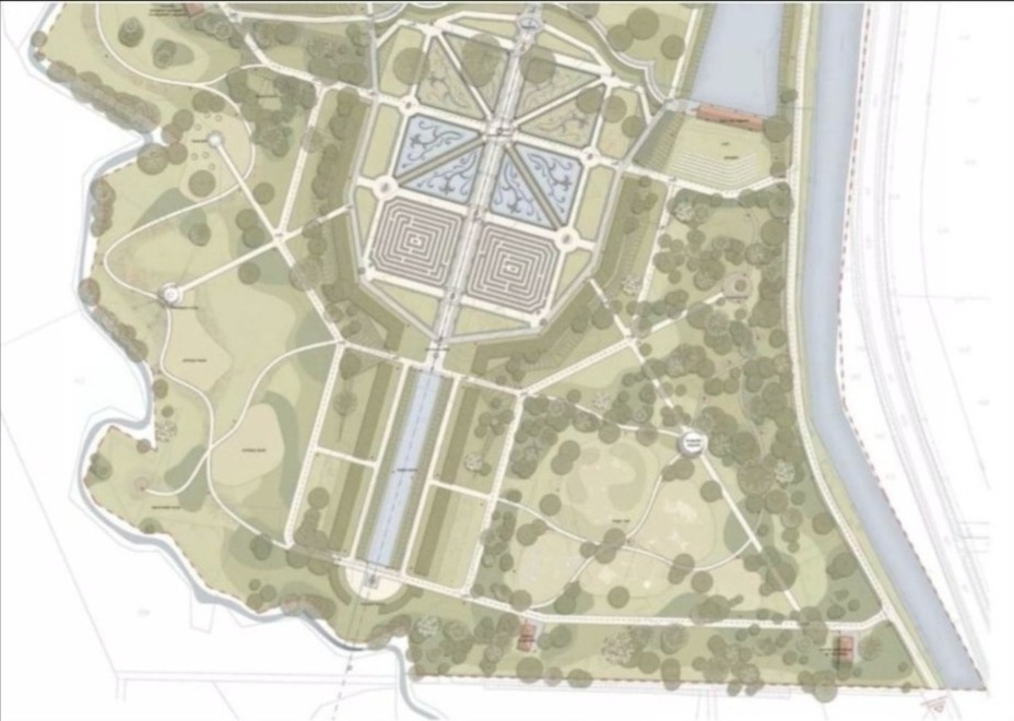 Plan zagospodarowania terenu parku miejskiego z labiryntem, fontannami i alejkami spacerowymi, widok z góry.