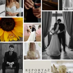 Kolaż zdjęć z reportażu ślubnego: uśmiechnięta panna młoda, zbliżenie dłoni zapinających marynarkę, obrączki na płatkach słonecznika, para tańcząca w różowym dymie, para tuląca się przy oknie...