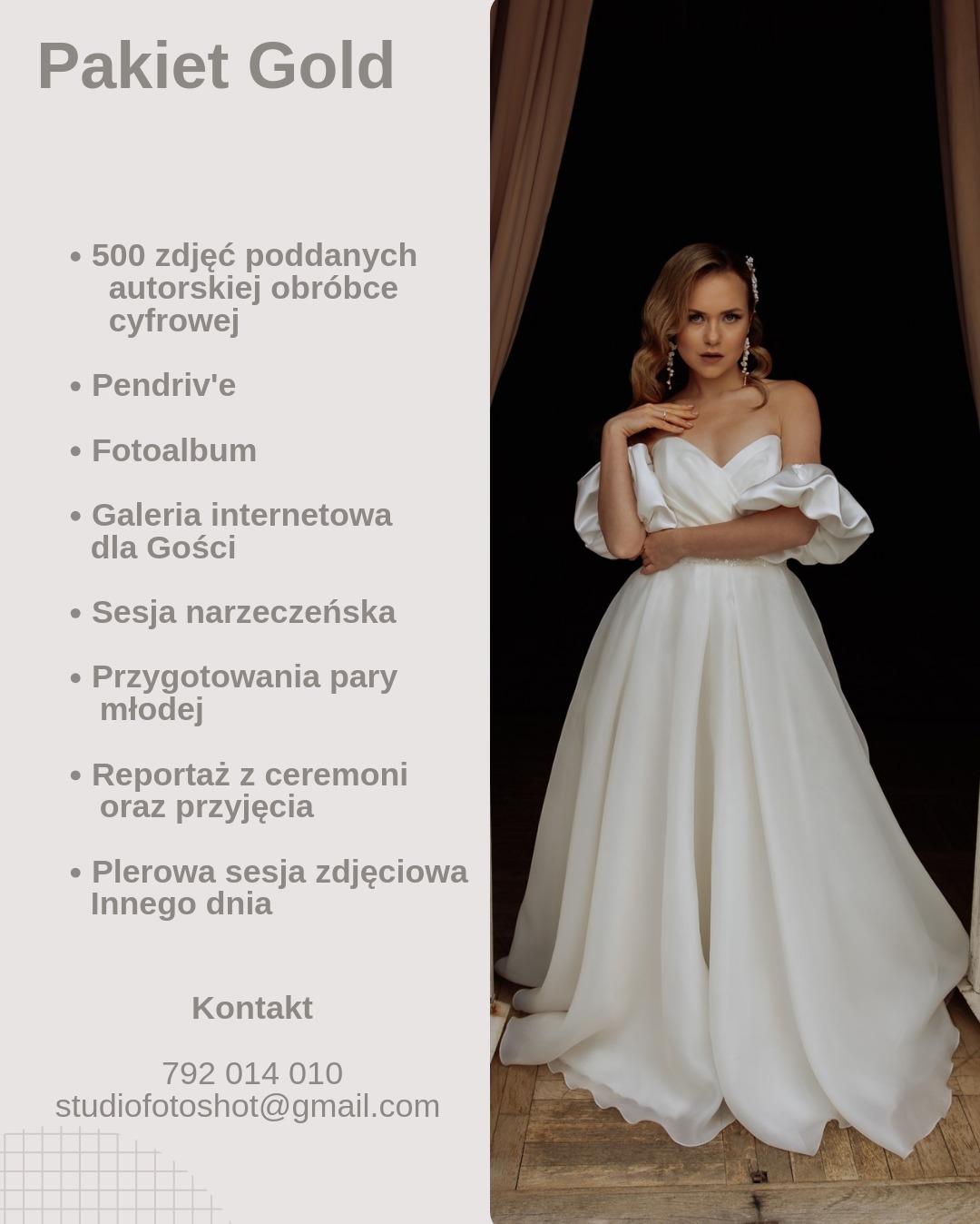 Panna młoda w białej sukni z odkrytymi ramionami, pozująca na tle ciemnej zasłony, oferta pakietu Gold z informacjami kontaktowymi.