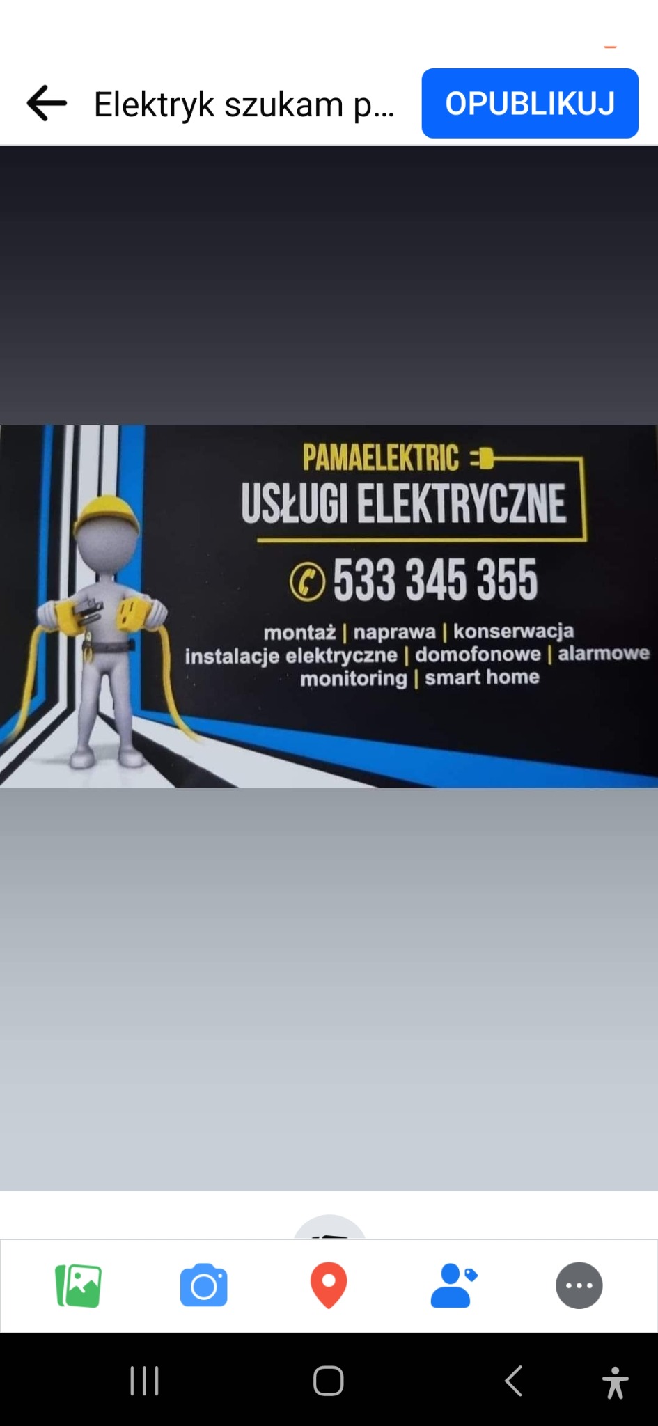 Wizytówka firmy Pamaelektric z kreskówkową postacią elektryka trzymającego wtyczki, oferującej usługi montażu, naprawy, konserwacji, instalacji elektrycznych, domofonowych, alarmowych, monitoringu...