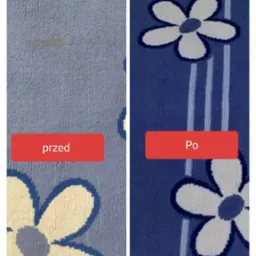 Porównanie stanu dywanu z wzorem kwiatowym przed i po czyszczeniu, widoczne plamy usunięte po prawej stronie.