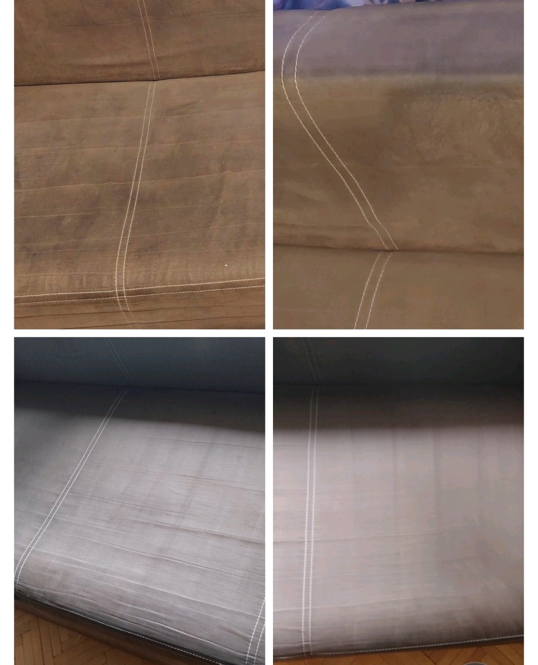 Porównanie: Czyszczona brązowa kanapa z mikrofibry przed i po praniu, widoczne różnice w odcieniu i usuniętych plamach na czterech kadrach.