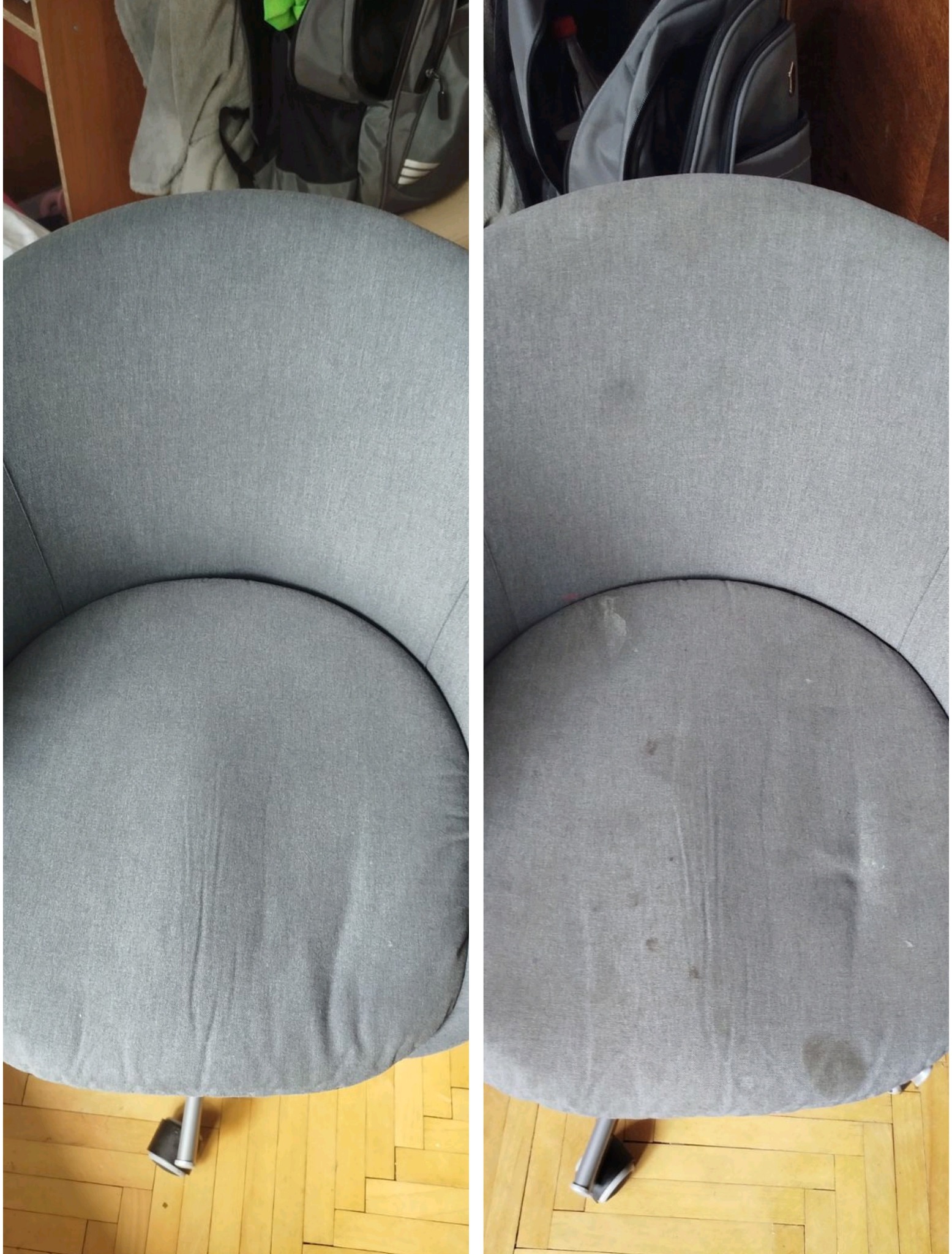 Porównanie fotela biurowego przed i po czyszczeniu: po lewej stronie fotel przed, po prawej widoczne plamy i zabrudzenia na szarym materiale tapicerki.