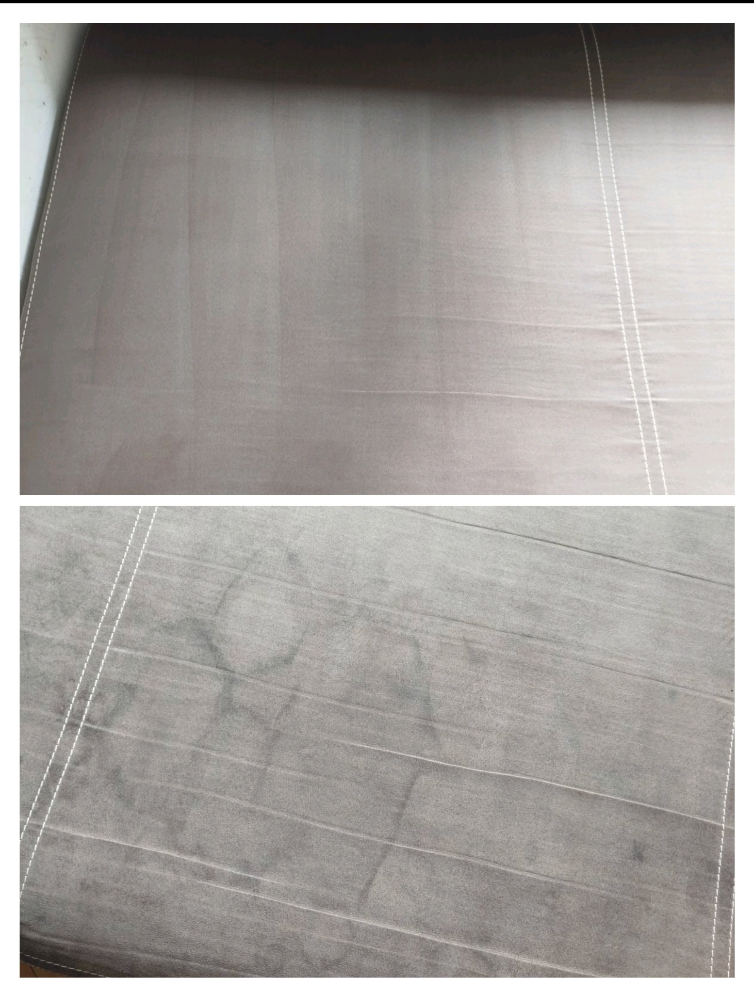 Porównanie: Górna połowa zdjęcia przedstawia fragment szarej kanapy po praniu, widoczne czyste włókna i szwy. Dolna połowa ukazuje ten sam fragment przed praniem, z widocznymi plamami i zabrudzeniami.