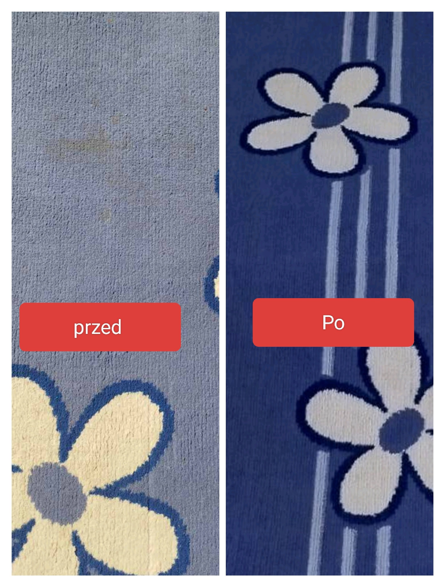 Porównanie stanu dywanu z wzorem kwiatowym przed i po czyszczeniu, widoczne plamy usunięte po prawej stronie.