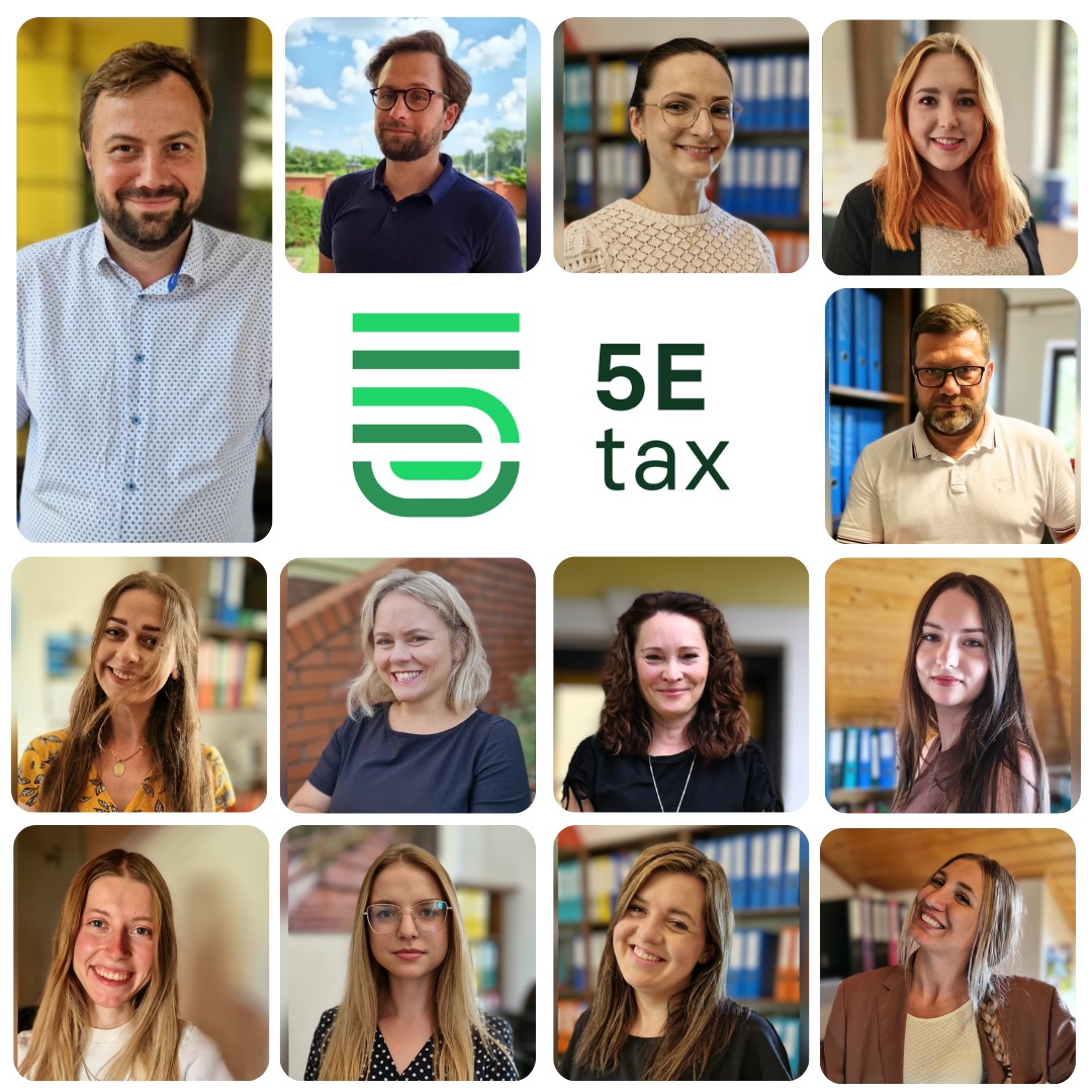 Kolaż zdjęć przedstawiający zespół firmy 5E tax, widoczne portrety pracowników oraz logo firmy na białym tle.