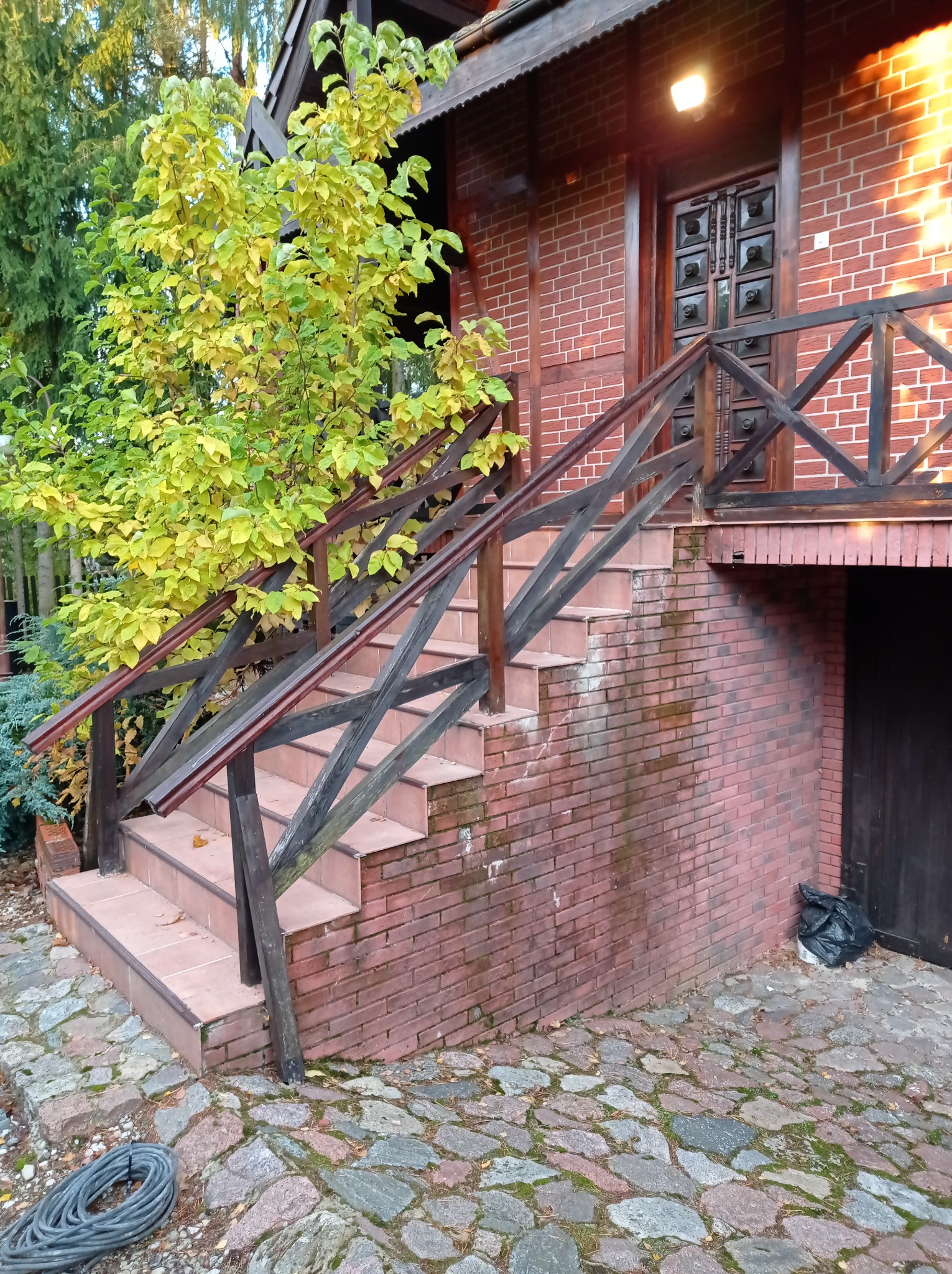 Zewnętrzne schody wejściowe z brązowych płytek i drewnianą balustradą przy domu z czerwonej cegły, widoczne ślady zabrudzeń na cegłach, obok rośnie drzewo z żółtymi liśćmi, na dole zwinięty kabel.
