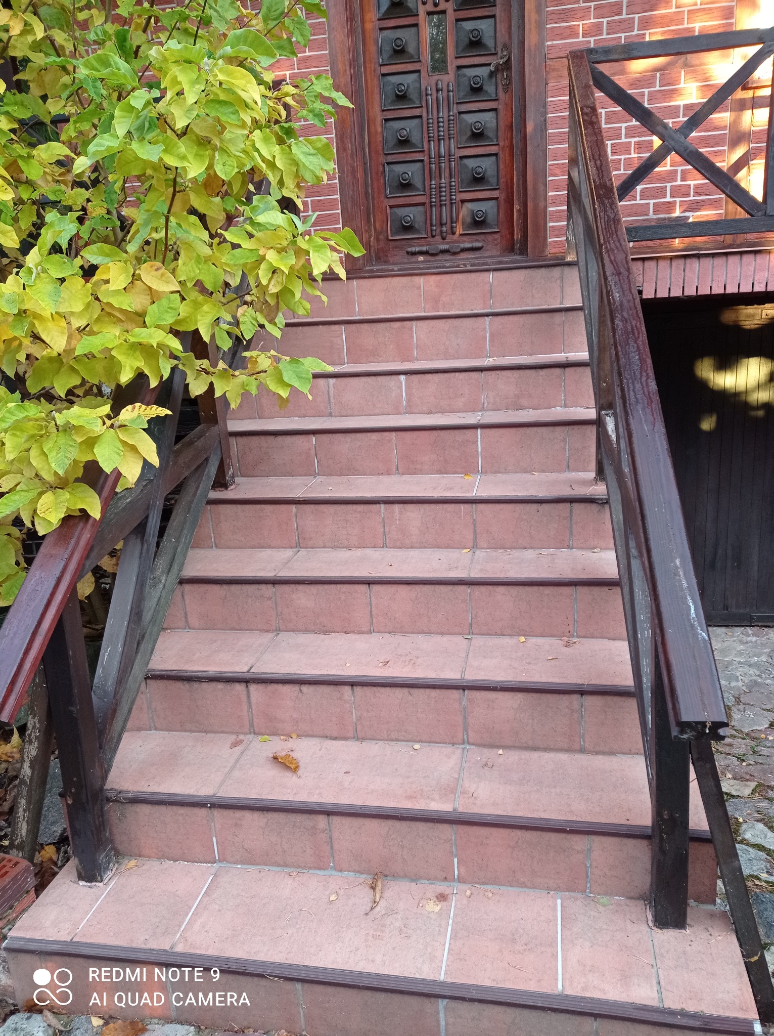 Zewnętrzne schody wejściowe wyłożone terakotą, z drewnianą balustradą, prowadzące do drewnianych drzwi z ozdobnymi elementami, obok rosnące drzewo z żółknącymi liśćmi.
