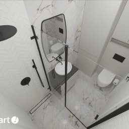 ARCAB Investments Sp. z o.o. - Wizualizacja nowoczesnej łazienki z białymi płytkami w jodełkę, marmurową podłogą i czarną armaturą, widok z góry.