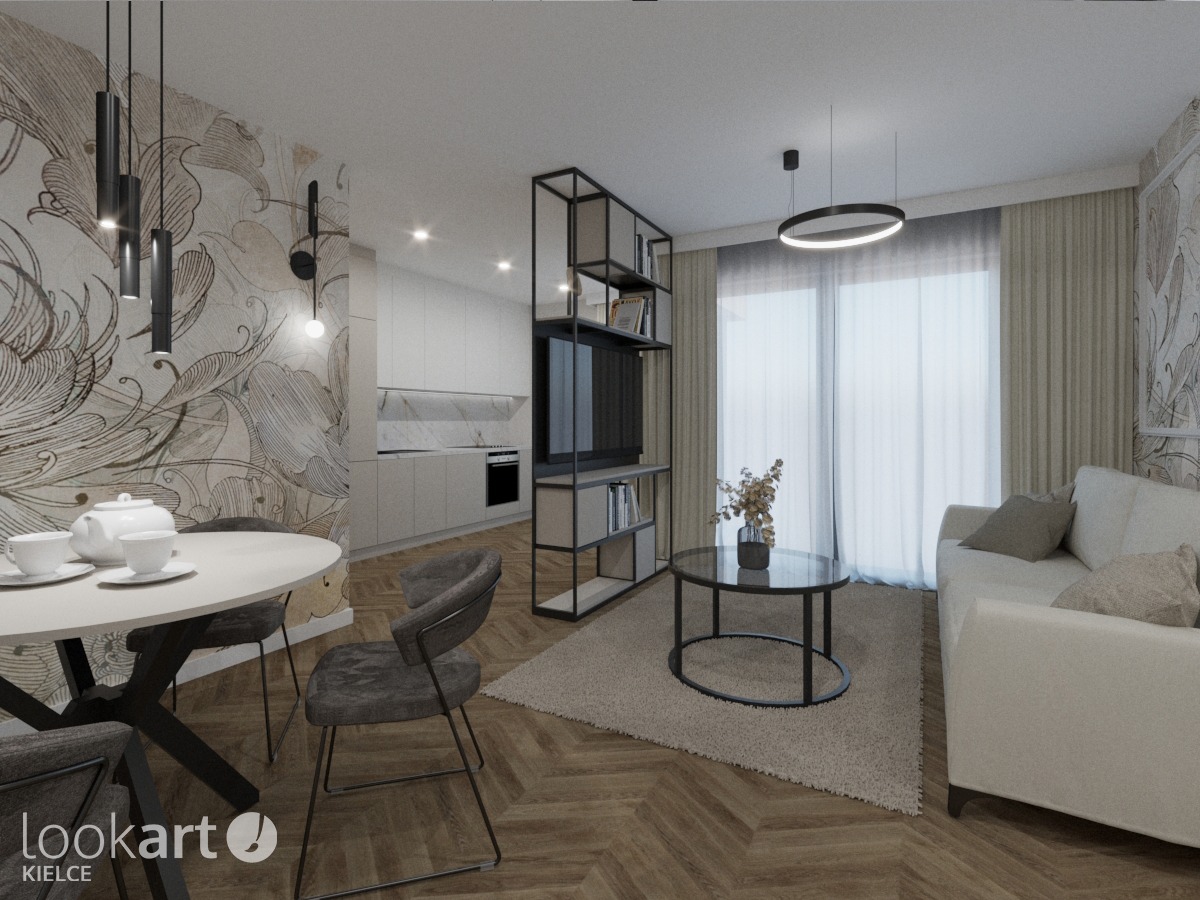 Wizualizacja salonu z aneksem kuchennym w jasnych barwach, parkiet w jodełkę, okrągły stół z czajnikiem i filiżankami, sofa i regał z telewizorem, dekoracyjna tapeta w kwiaty.