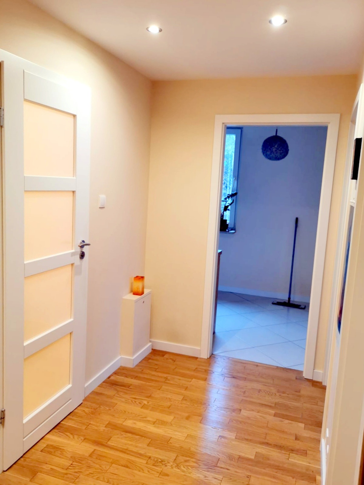 Jasny korytarz z drewnianą podłogą, białe drzwi z przeszkleniami i widok na pomieszczenie z mopem i dekoracyjną kulą, oświetlenie punktowe