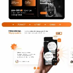 Długi zrzut ekranu strony internetowej z czarno-pomarańczowym motywem, prezentujący elementy interfejsu użytkownika, statystyki i ofertę cenową.