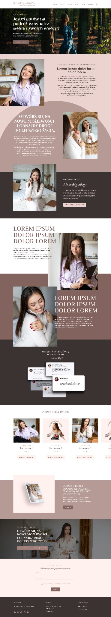Fragment strony internetowej psychologzksiezyca.pl, prezentujący ofertę usług psychologicznych. Stonowana kolorystyka, zdjęcia uśmiechniętych kobiet, widoczne bloki tekstowe. Projekt zrealizowany...