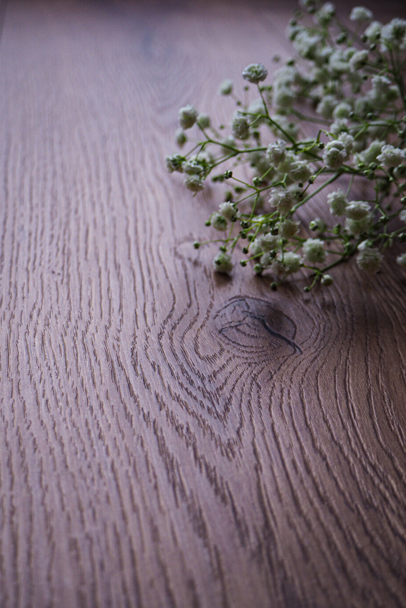 Jasnobrązowa drewniana powierzchnia z wyraźnym usłojeniem, dekorowana gałązką gipsówki w prawym górnym rogu, tworząca minimalistyczną kompozycję.