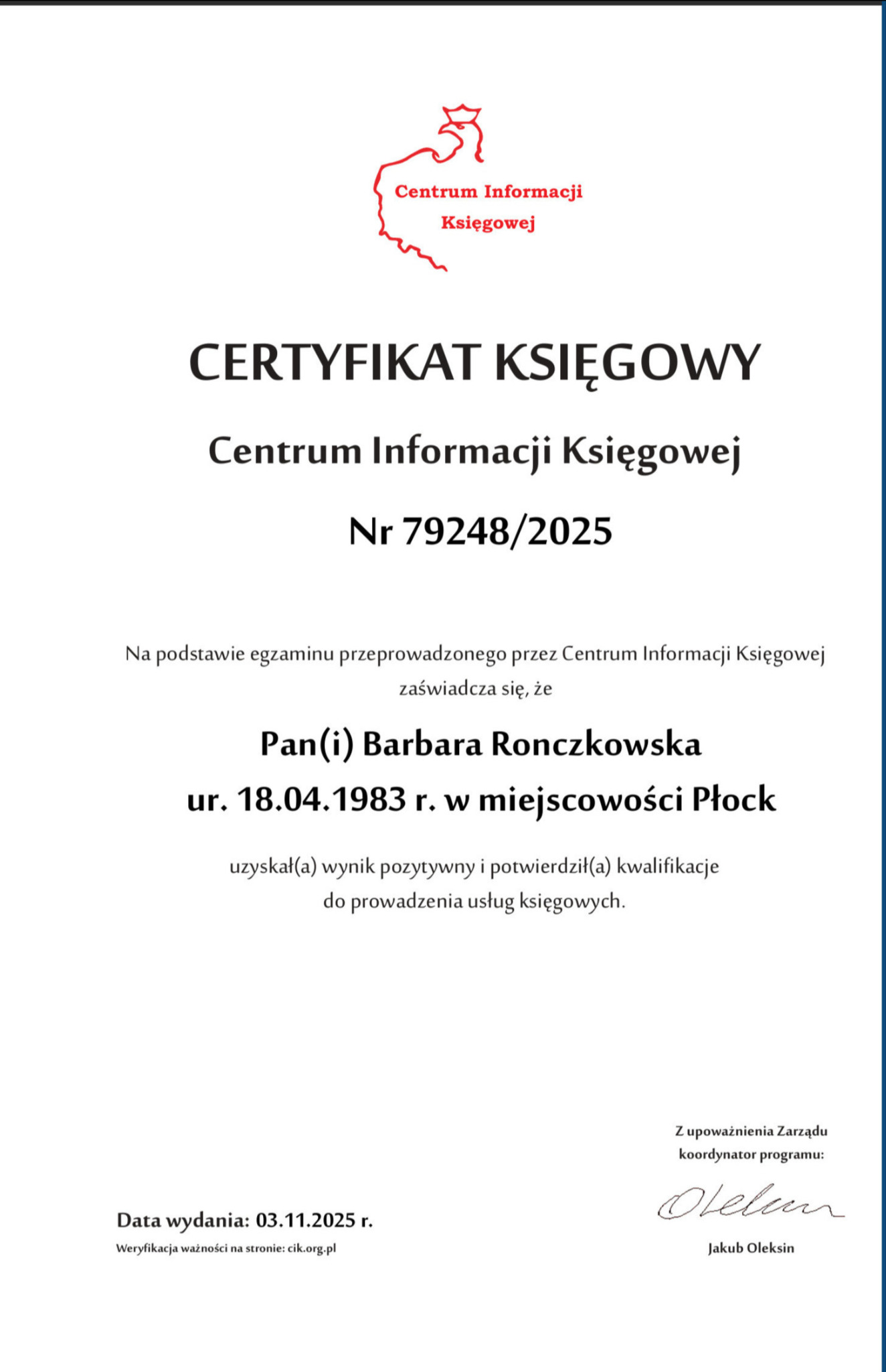 Certyfikat księgowy Centrum Informacji Księgowej nr 79248/2025 dla Barbary Ronczkowskiej, potwierdzający kwalifikacje do prowadzenia usług księgowych.