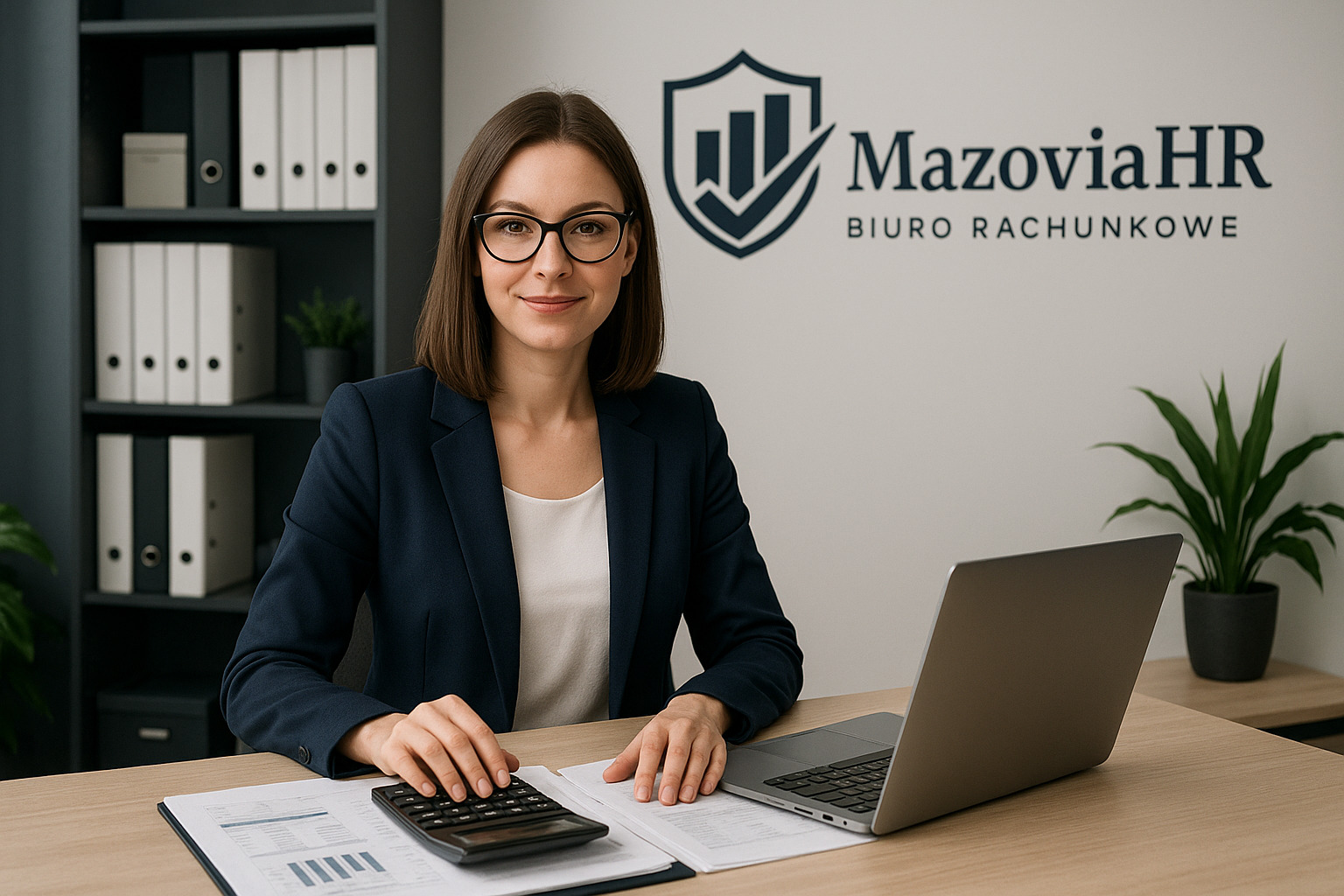 Kobieta w okularach i marynarce siedzi przy biurku z kalkulatorem i laptopem, za nią logo MazoviaHR. Profesjonalne biuro rachunkowe.