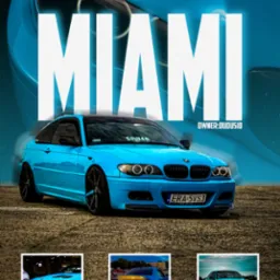 Turkusowe BMW E46 Coupe z czarnymi felgami, tuningowane, z napisem 'MIAMI' i 'OWNER:DUDUSIO' na tle, dodatkowe ujęcia w miniaturkach na dole.