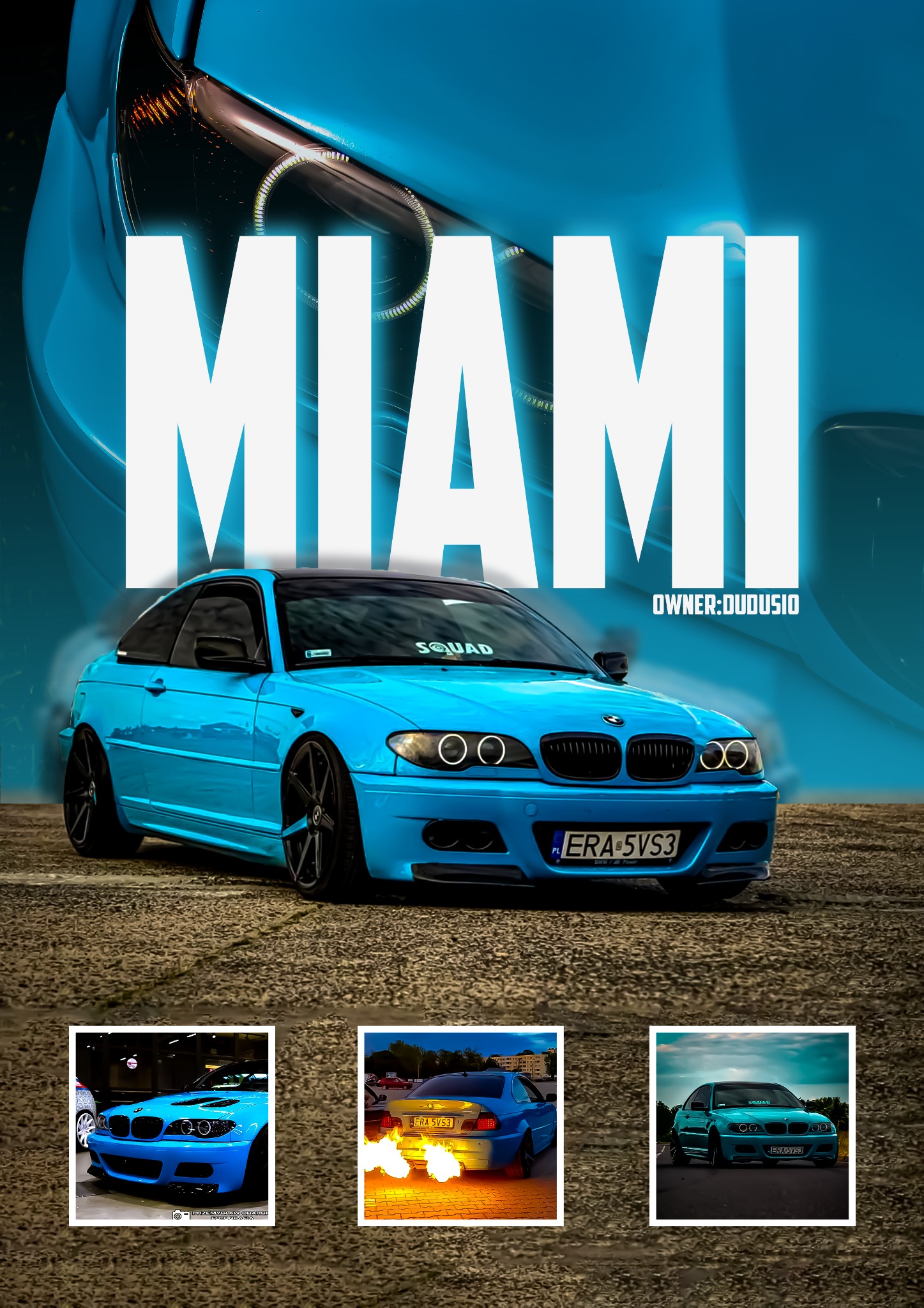 Turkusowe BMW E46 Coupe z czarnymi felgami, tuningowane, z napisem 'MIAMI' i 'OWNER:DUDUSIO' na tle, dodatkowe ujęcia w miniaturkach na dole.