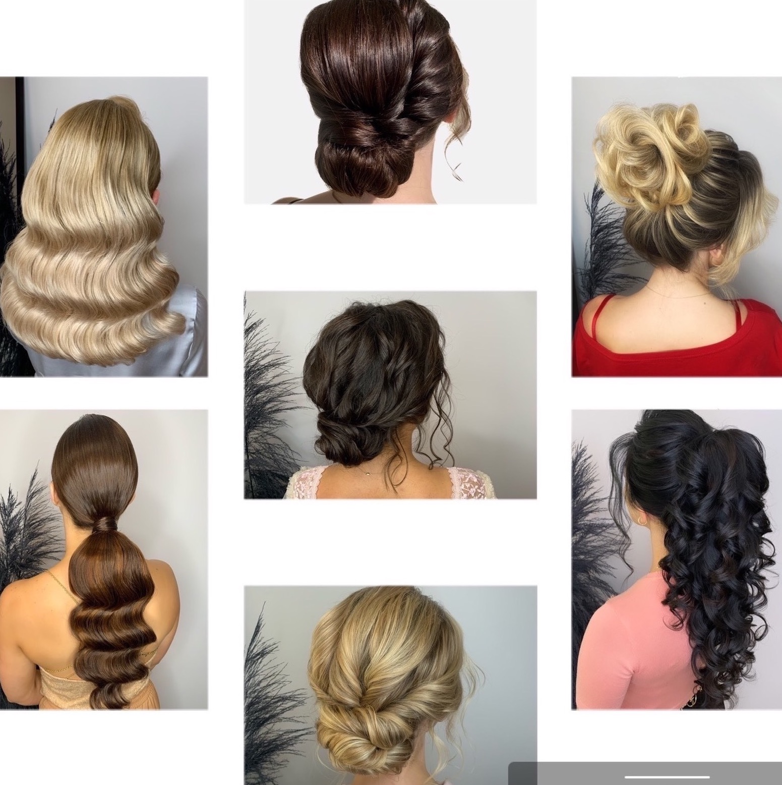 Kolaż fryzur damskich: fale w stylu retro, upięcia kok, wysokie kucyki z lokami, na jasnych i ciemnych włosach, widok z tyłu.