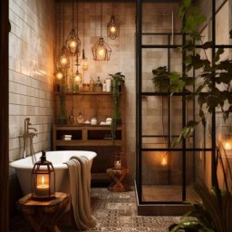 Zakład Remontowo Budowlany MACBUD - Eklektyczna łazienka z wolnostojącą wanną, kabiną prysznicową typu walk-in z czarnymi ramami, dekoracyjnymi lampami wiszącymi i roślinami doniczkowymi, oświetlona ciepłym światłem świec,...