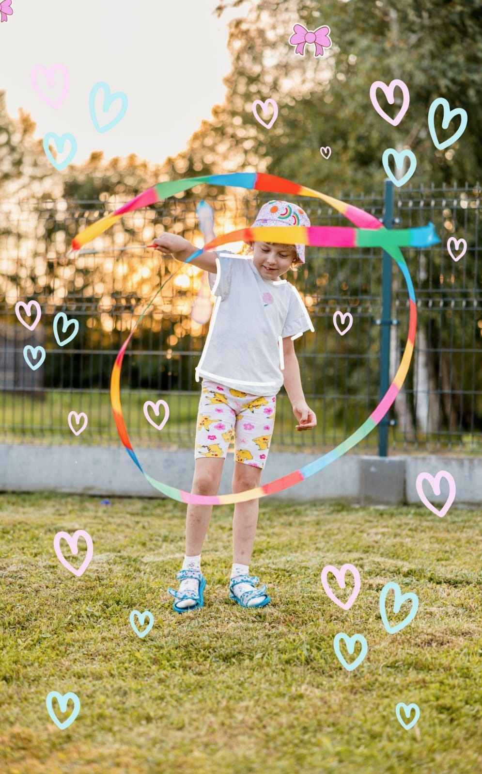 Dziewczynka w kolorowej czapce ćwiczy z gimnastyczną wstążką na trawie, otoczona animowanymi sercami i kokardą.