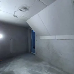 Wnętrze poddasza w trakcie wykańczania: surowe ściany, częściowo zamontowane płyty gipsowo-kartonowe na skosach sufitu, widoczne przewody elektryczne i niedokończona wylewka podłogowa.