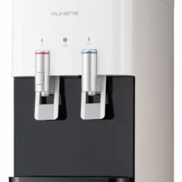 Nowoczesny, biało-czarny dystrybutor wody marki Ruhens z dwoma kranikami oznaczonymi kolorami czerwonym i niebieskim.