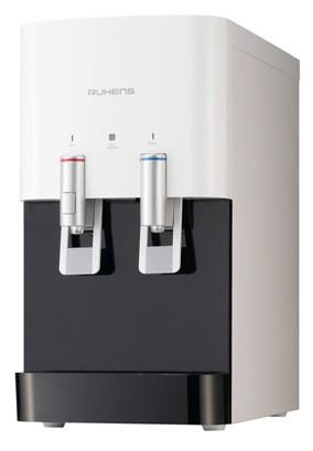 Nowoczesny, biało-czarny dystrybutor wody marki Ruhens z dwoma kranikami oznaczonymi kolorami czerwonym i niebieskim.