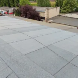 Szary dach pokryty papą termozgrzewalną, widok z góry, w tle budynki gospodarcze i zieleń.