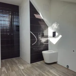 Nowoczesna łazienka na poddaszu z czarno-białymi płytkami ściennymi i podłogą imitującą drewno, widoczne przyłącza do armatury.